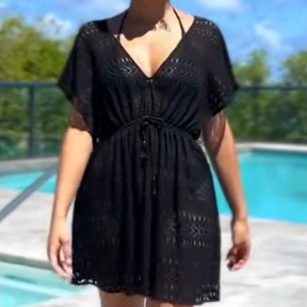 Time and Tru Black Lace Tie-Back Tunic swimsuit coverup, cinched tie at waist